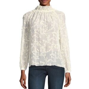 REBECCA TAYLOR Ellie Embroidered High Neck Blouse, Ivory, Size 6